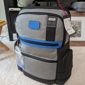 Tumi Parrish Leather Trimmed Blue & Gray Backpack NEW New w/Tags MSRP $450 TSA